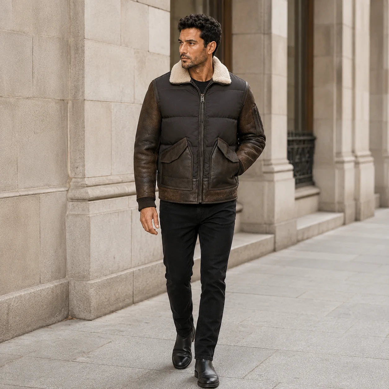 Outdoor lifestyle view of man wearing brown leather puffer bomber jacket with black jeans and boots.