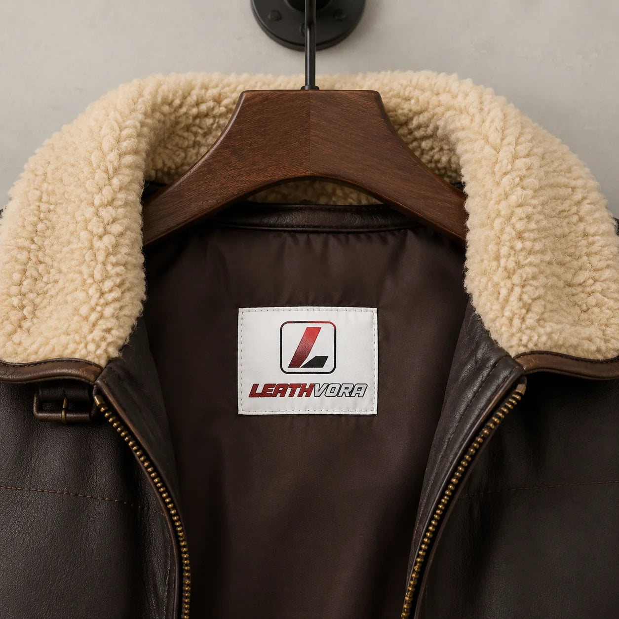 Close-up of cream shearling collar, brown inner lining, front zipper and Leathvora neck label.