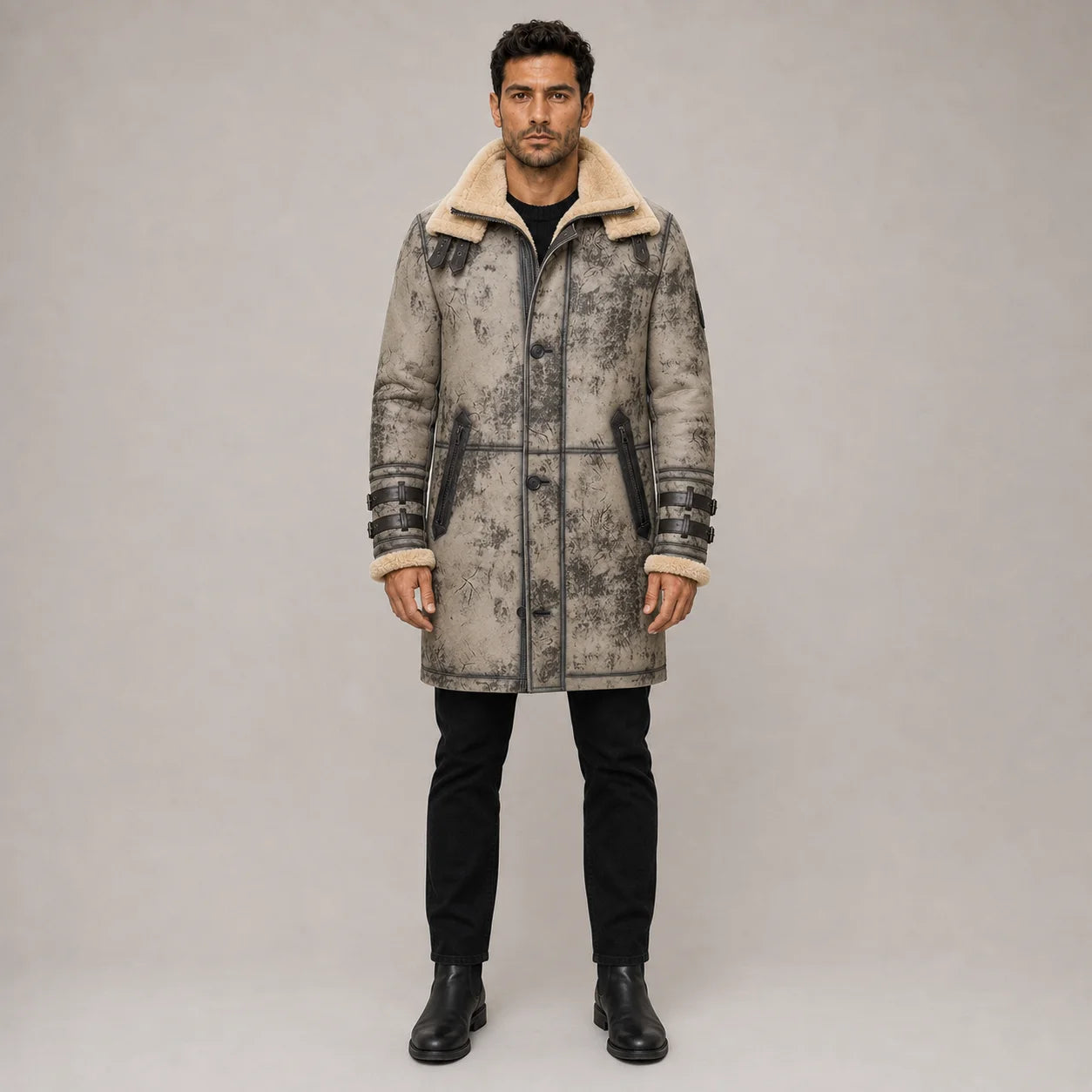 Front studio view of men wearing distressed grey B3 RAF sheepskin long coat with cream double collar and buckle cuffs
