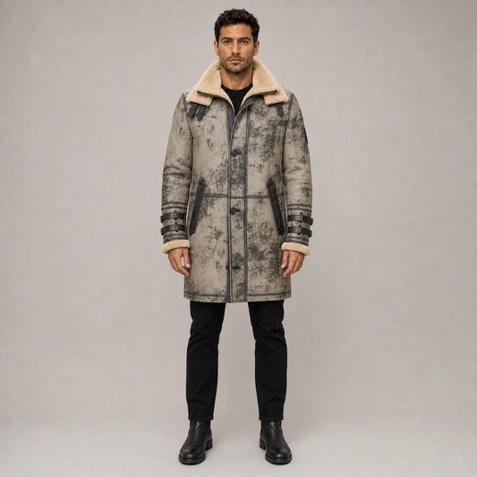 Front studio view of men wearing distressed grey B3 RAF sheepskin long coat with cream double collar and buckle cuffs