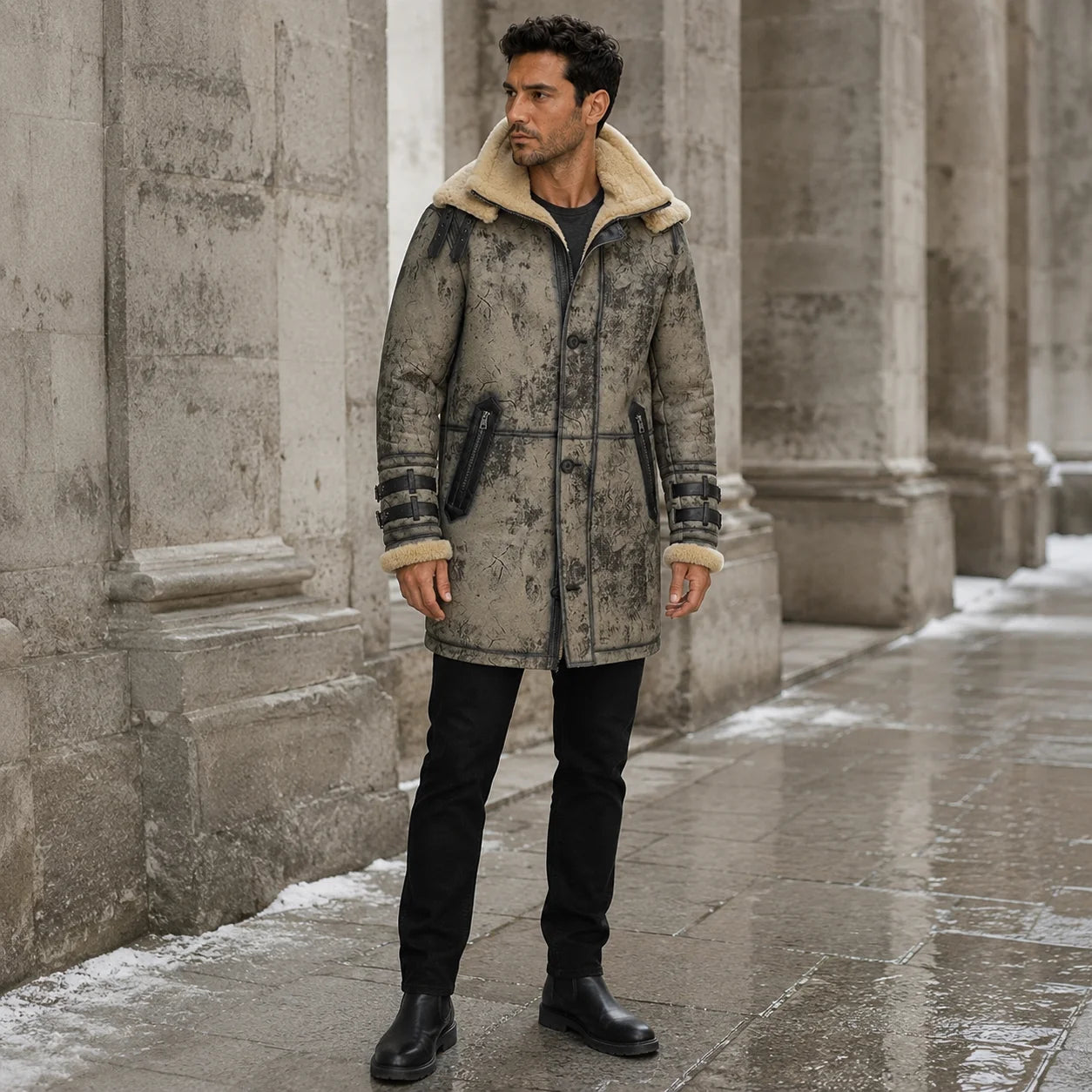 Three-quarter winter view of distressed B3 RAF coat with shearling collar, zipped pockets and twin cuff straps