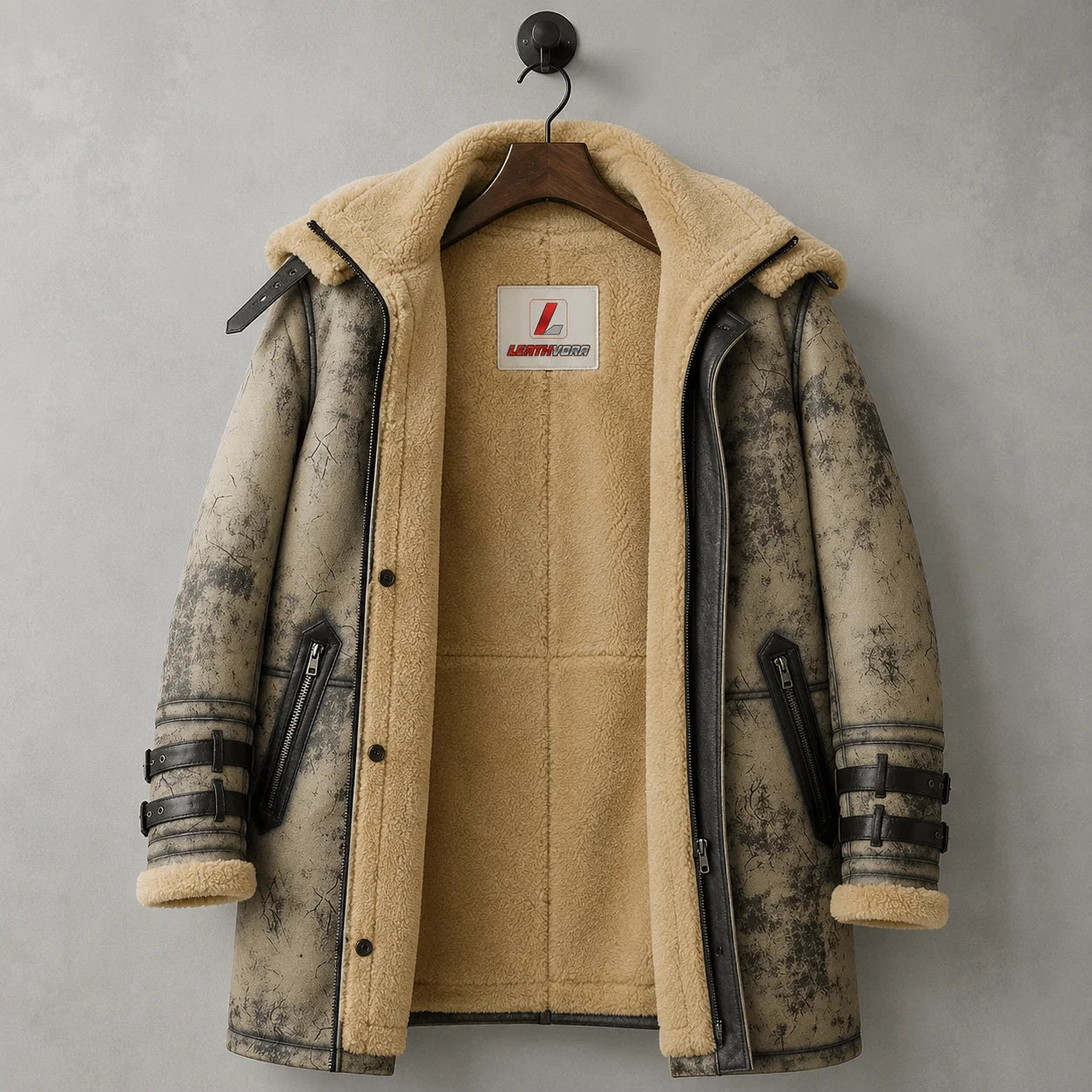 Open hanging view of waxed grey sheepskin coat showing cream shearling interior, zip pockets and front fastening details