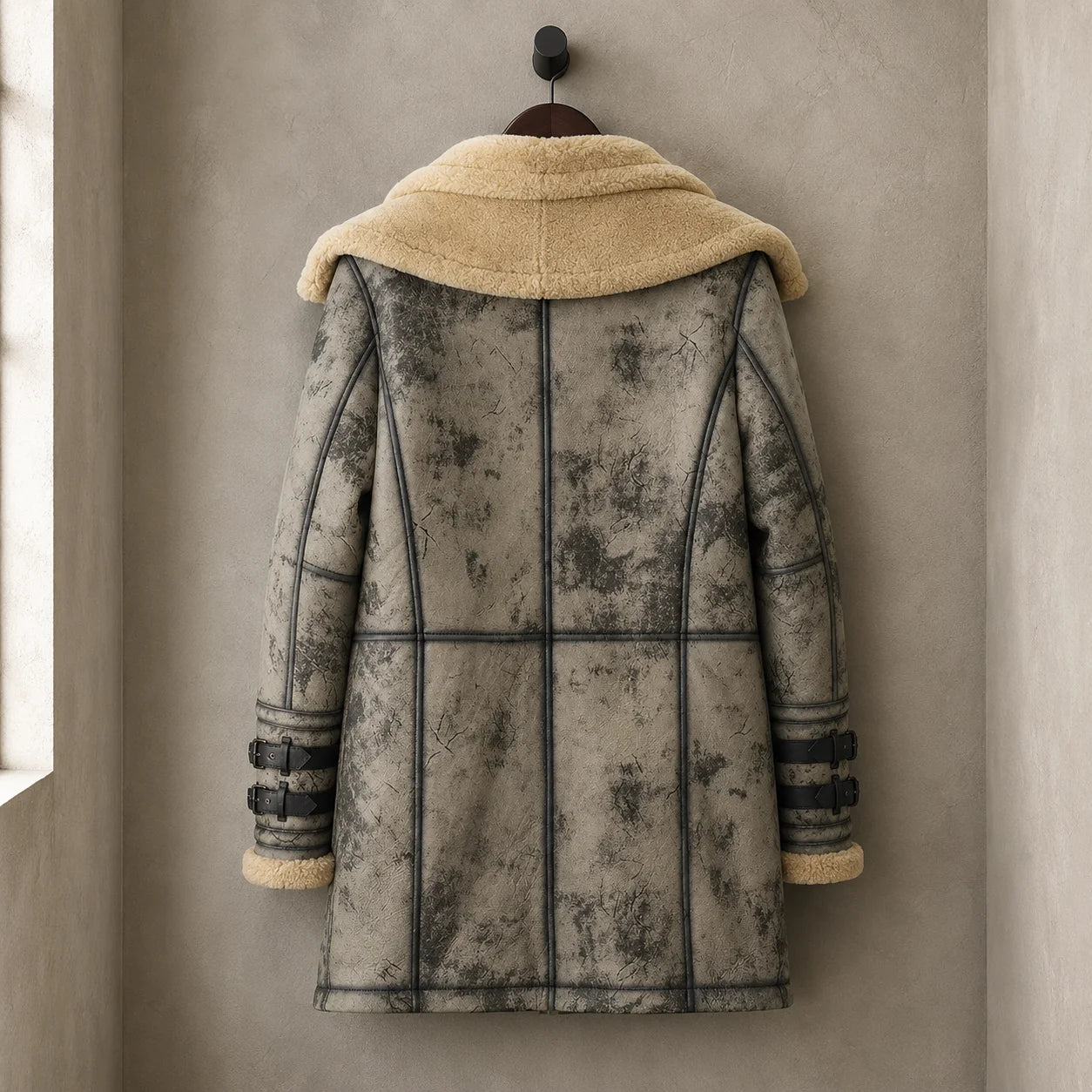 Hanging back view of long distressed sheepskin aviator coat with curved piping, buckle cuffs and cream shearling collar