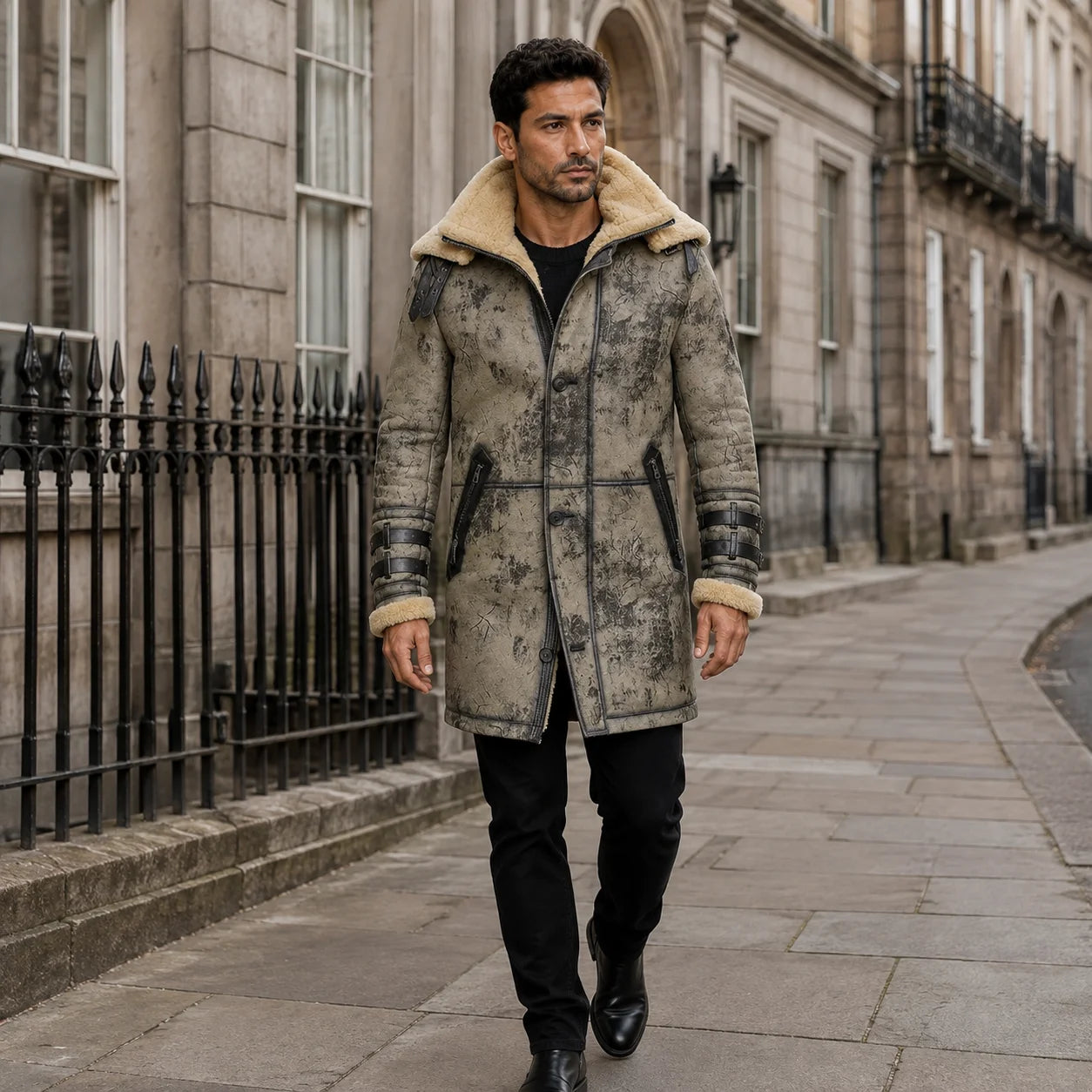 Men’s distressed grey B3 RAF long coat styled outdoors with black trousers and boots in a classic city setting