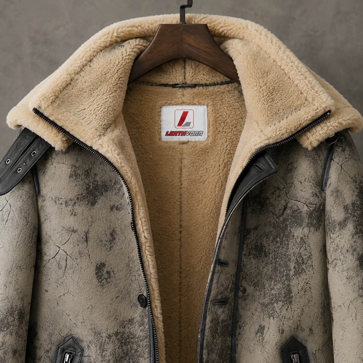 Close-up of cream double shearling collar, distressed grey sheepskin panels, dark trim and Leathvora inner neck label