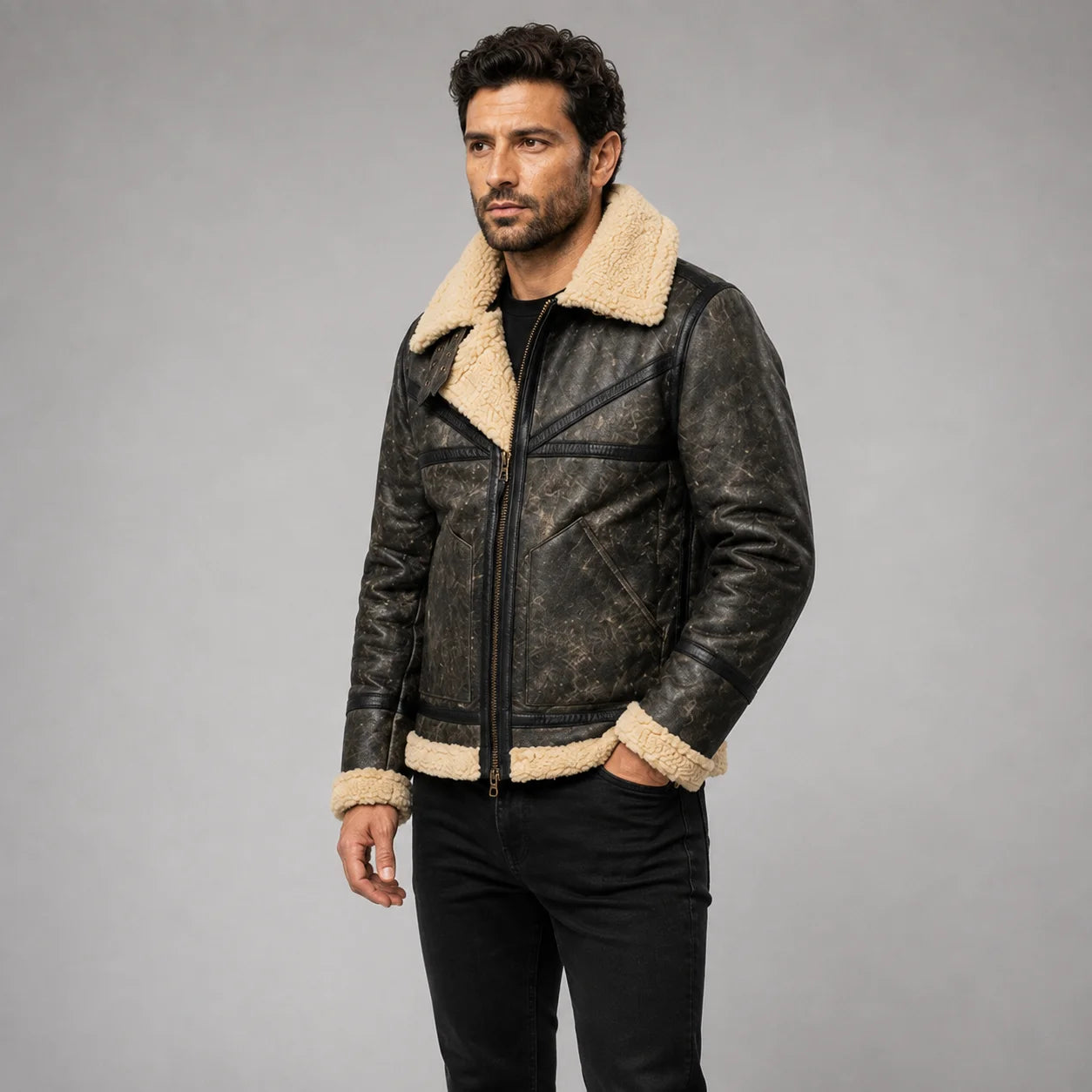 Three-quarter model view of distressed sheepskin jacket with oversized cream Sherpa collar, zipper and dark trousers