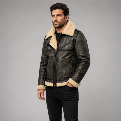 Three-quarter model view of distressed sheepskin jacket with oversized cream Sherpa collar, zipper and dark trousers