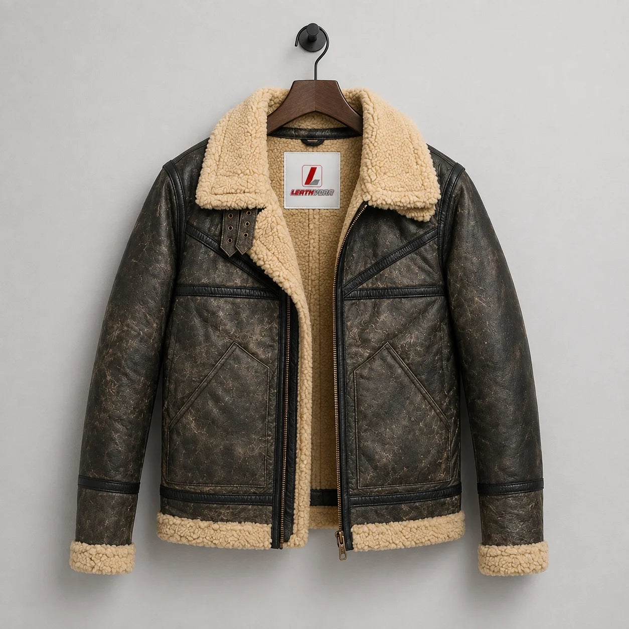 Hanging front view of waxed leather Sherpa jacket showing cream lining, large pockets, zip closure and collar strap