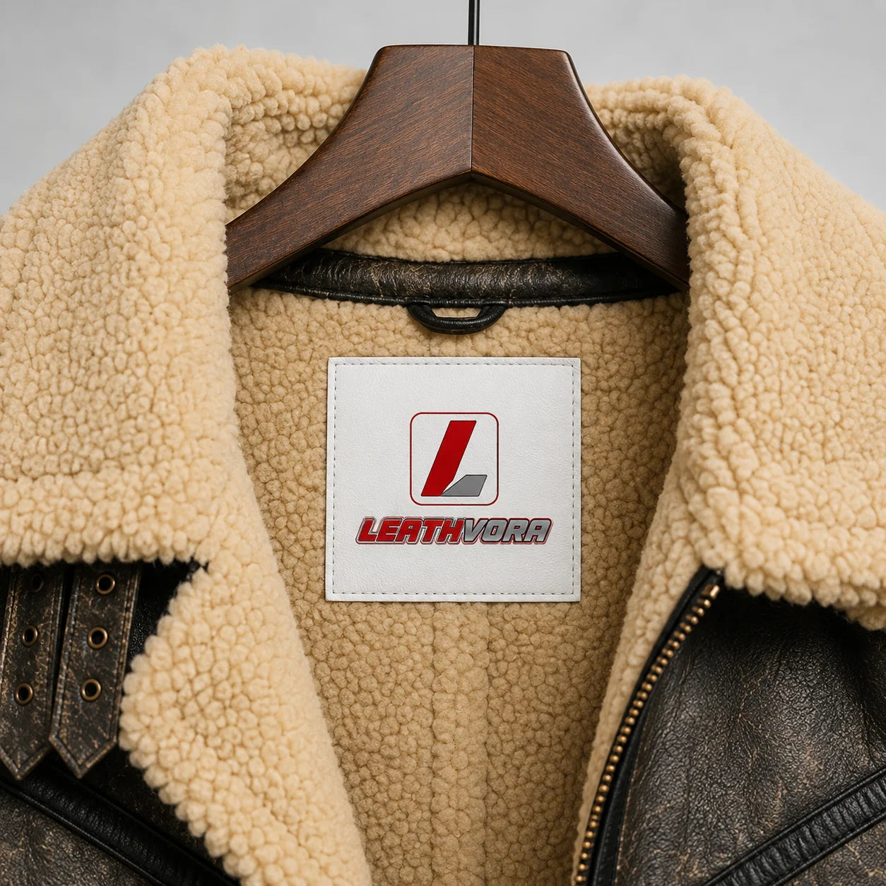 Close-up of cream Sherpa double collar and lining with distressed dark sheepskin panels and Leathvora neck branding