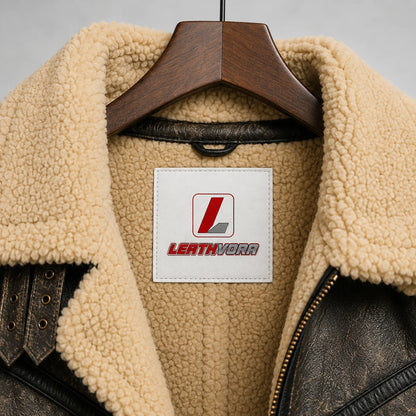 Close-up of cream Sherpa double collar and lining with distressed dark sheepskin panels and Leathvora neck branding