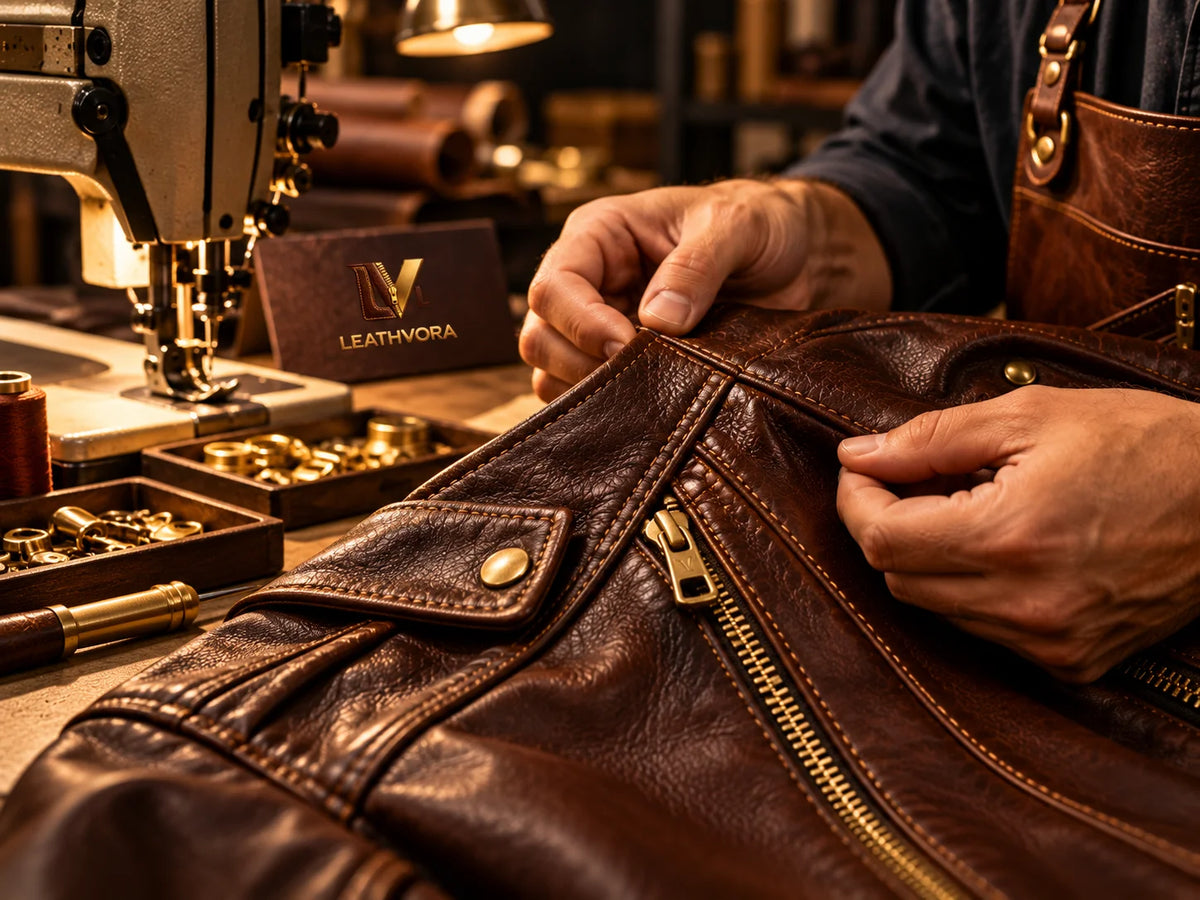 Leathvora leather jacket stitching and hardware inspection