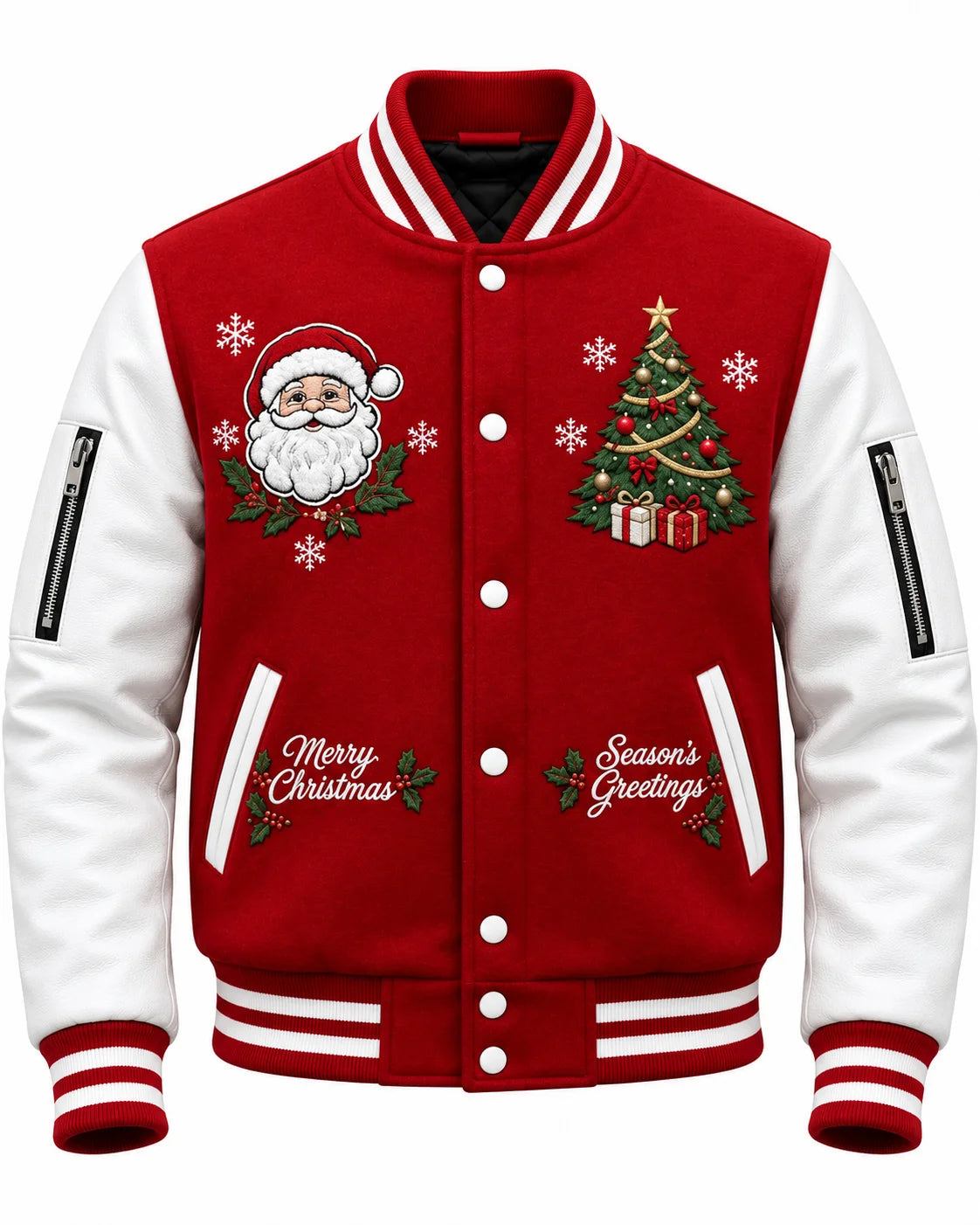 Front view of red Santa Christmas varsity jacket with white faux leather sleeves, Santa and tree embroidery, and snap buttons.