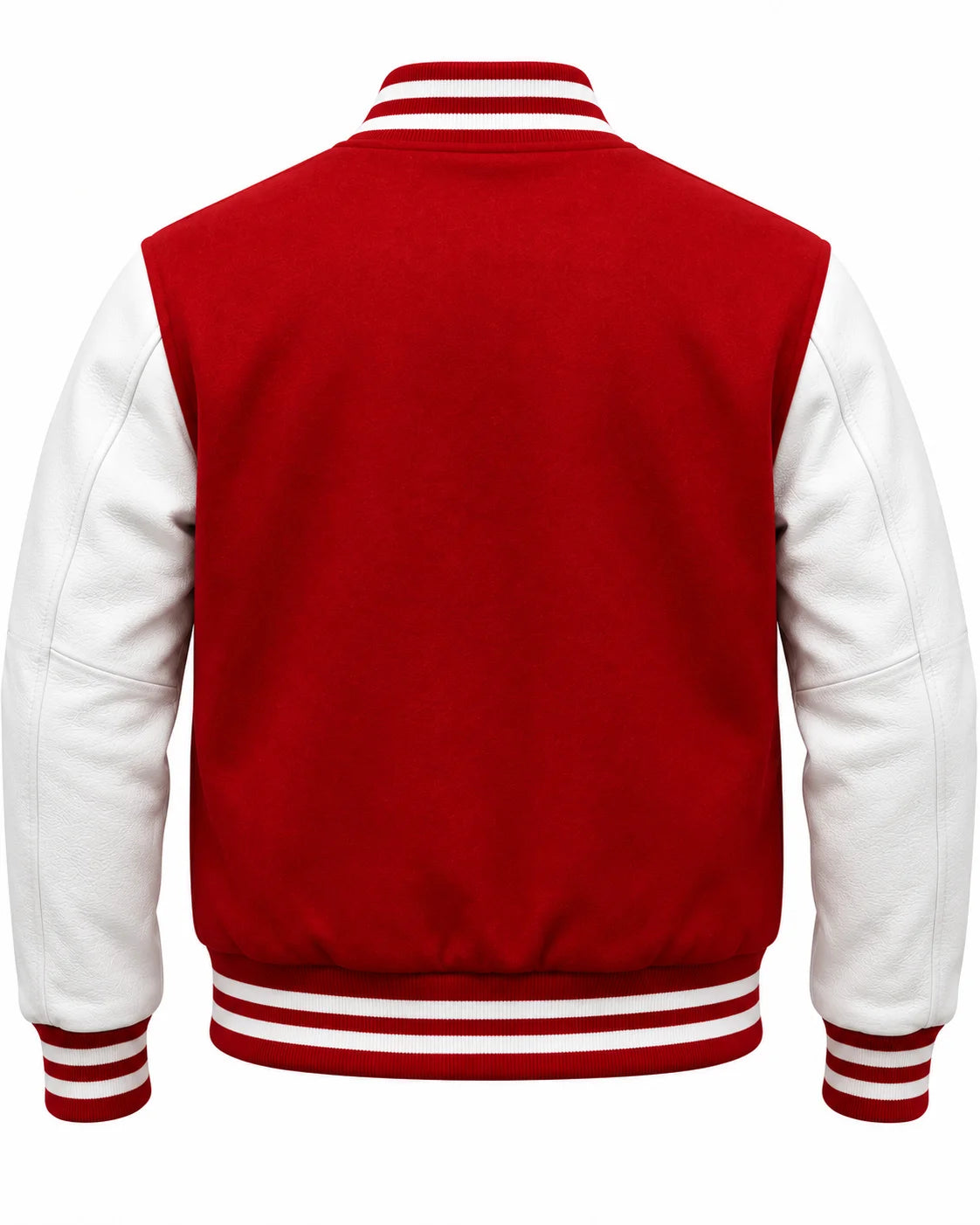 Back view of red wool-blend varsity jacket with plain red back panel, white faux leather sleeves and striped rib-knit hem.