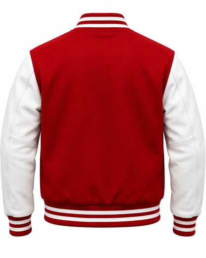 Back view of red wool-blend varsity jacket with plain red back panel, white faux leather sleeves and striped rib-knit hem.