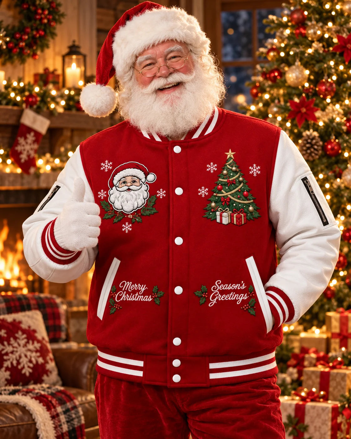Santa-styled model wearing a red and white embroidered Christmas varsity jacket beside a decorated Christmas tree indoors.