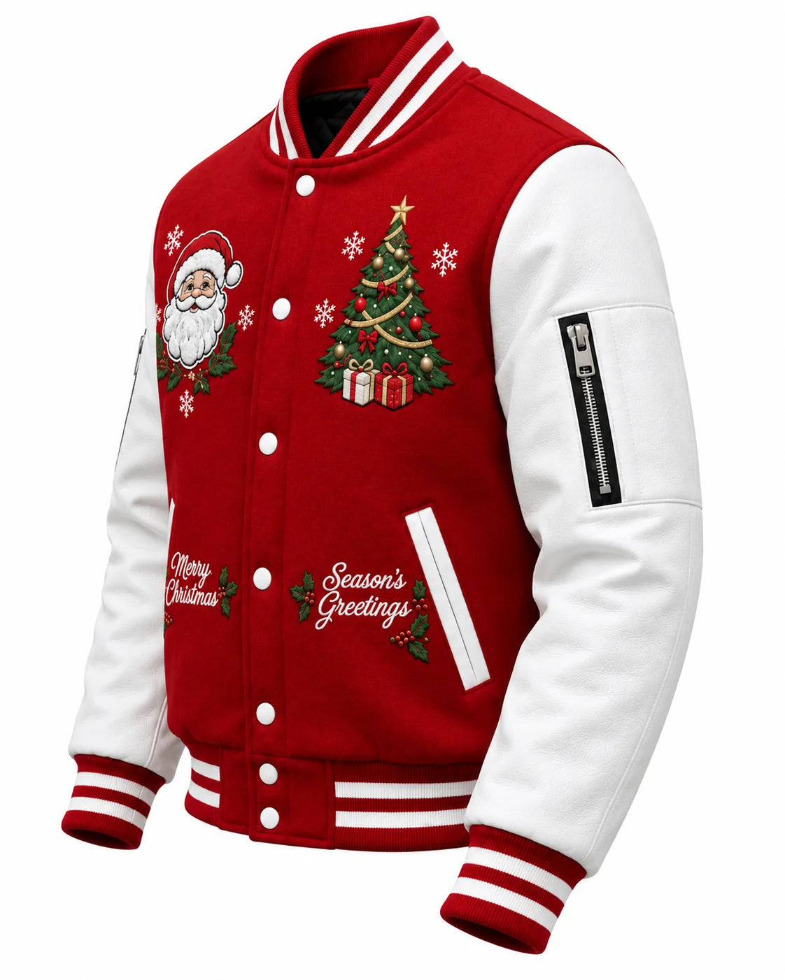 Angled view of Christmas letterman jacket showing Santa embroidery, decorated tree, white sleeve zipper pocket and ribbed cuffs.