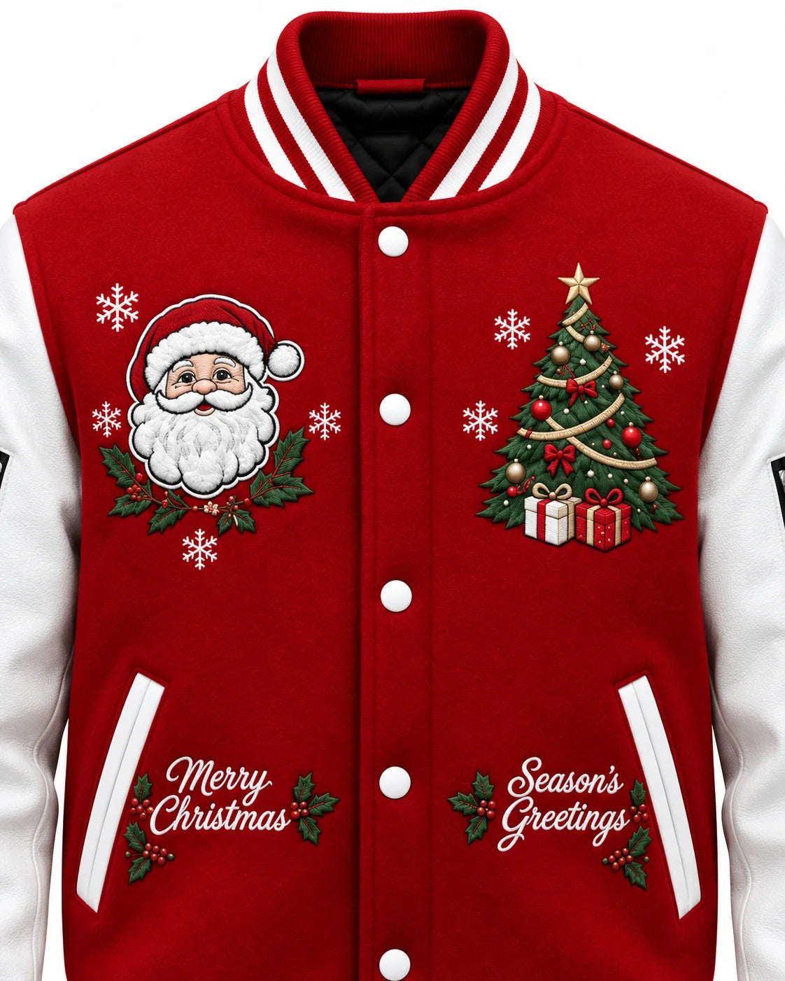 Close-up of red Christmas varsity bomber with Santa Claus, tree, snowflake designs, Merry Christmas and Season's Greetings text.
