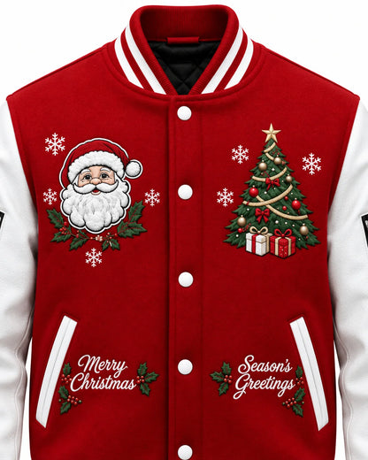 Close-up of red Christmas varsity bomber with Santa Claus, tree, snowflake designs, Merry Christmas and Season's Greetings text.