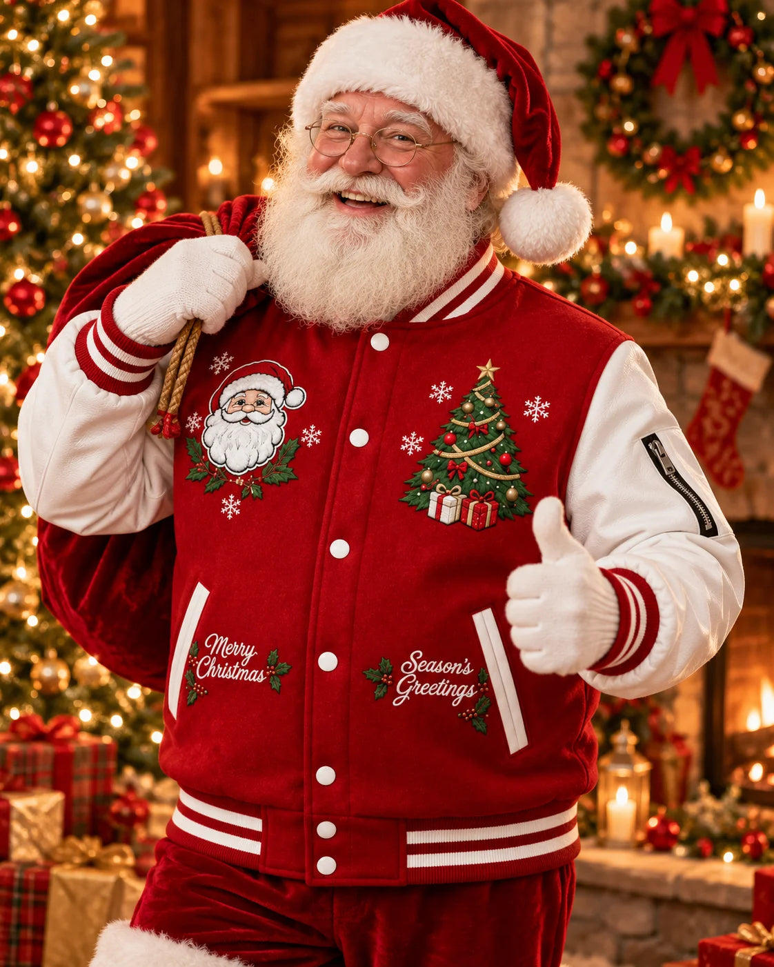 Santa-styled model wearing the red varsity Christmas jacket with festive embroidery while carrying a large red gift sack.