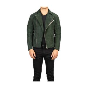 Olive Green Suede Leather Motorcycle Style Jacket - Image 1