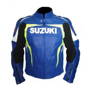 High Quality Blue And Yellow Suzuki Motorcycle Leather Jacket - Image 2