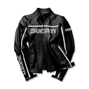 Premium Ducati Logo Classic Black and White Motorcycle Leather Jacket - Image 1