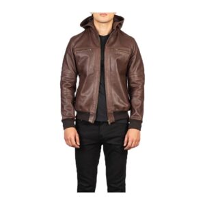 Brown Leather Hooded Bomber Stylish Jacket - Image 1