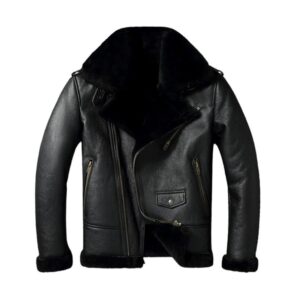 Black B3 Bomber Raff Aviator Faux Shearling Leather Jacket - Image 1