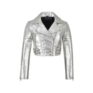 Cropped Style Metallic Silver PU Leather Biker Jacket - Image 1