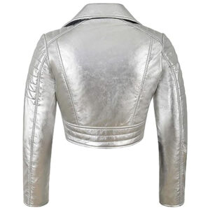 Cropped Style Metallic Silver PU Leather Biker Jacket - Image 2