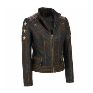 Star Distressed Vintage Brown and Red Biker Leather Jacket - Image 4