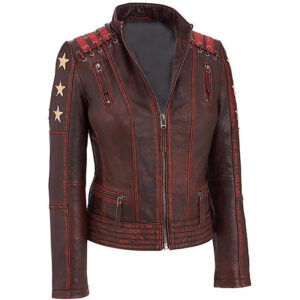 Star Distressed Vintage Brown and Red Biker Leather Jacket - Image 1