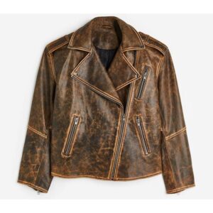 1980s Oversized Biker Distressed Brown Real Leather Jacket - Image 1