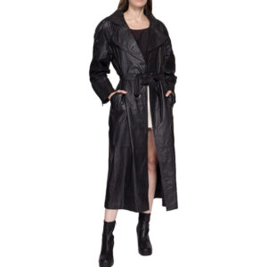 Oversize Black Leather Belted Trench Coat  Embossed Trim Long Maxi Duster Jacket - Image 1