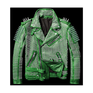 Green Full Silver Studded Brando Biker Genuine Leather Jacket - Image 1