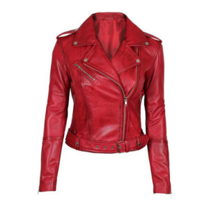 Red Quilted Diamond Slim Fit Biker Style Jacket - Image 1