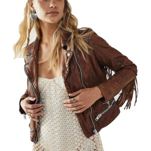 Brown Leather Fringe Tassel Jacket  Genuine Sheep Skin Leather Jacket - Image 1