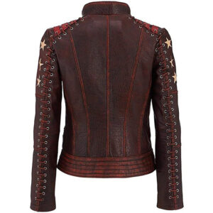 Star Distressed Vintage Brown and Red Biker Leather Jacket - Image 2