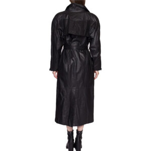 Oversize Black Leather Belted Trench Coat  Embossed Trim Long Maxi Duster Jacket - Image 2