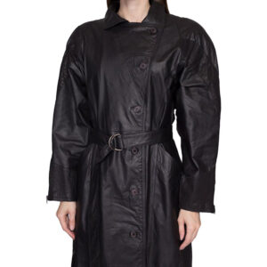 Oversize Black Leather Belted Trench Coat  Embossed Trim Long Maxi Duster Jacket - Image 3