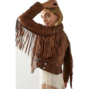 Brown Leather Fringe Tassel Jacket  Genuine Sheep Skin Leather Jacket - Image 3