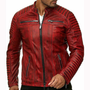 Handmade Genuine Leather Slim Fit Red Biker Jacket - Image 3