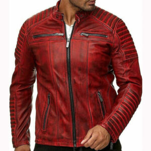 Handmade Genuine Leather Slim Fit Red Biker Jacket - Image 1