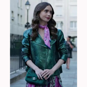 Emily In Paris series Stylish Green Metallic Leather Jacket High-Quality Green Outwear - Image 2