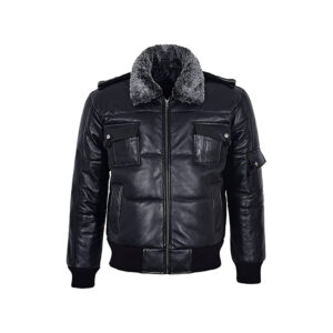 Stylish Black Bomber Winter Premium Quality Sheepskin Leather Jacket - Image 1