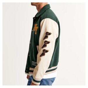 High-Quality Wool-Blend Varsity Green Bomber Leather Jacket - Image 2