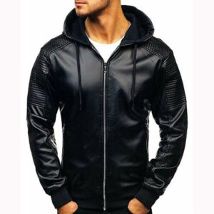 Men Black Hooded Café Racer And Men_s Trendy Biker Outerwear High Quality Sheepskin Leather Jackets - Image 1