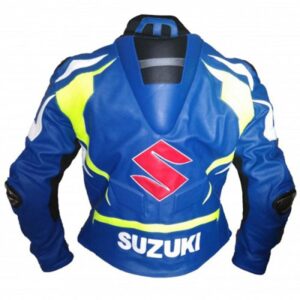 High Quality Blue And Yellow Suzuki Motorcycle Leather Jacket - Image 1