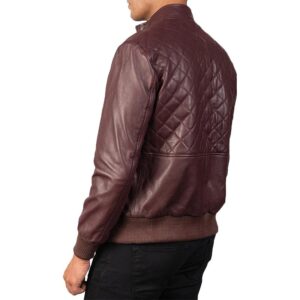 Handmade Quilted Diamond Bomber Maroon Leather Jacket - Image 2