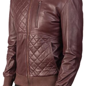 Handmade Quilted Diamond Bomber Maroon Leather Jacket - Image 3